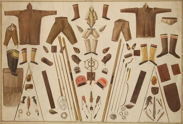 An illustration depicting various Arctic clothing and equipment. The arrangement includes jackets, pants, hats, mittens, and boots, along with poles, tools, and accessories specific to polar exploration. The items are laid out symmetrically on a light background for clarity.