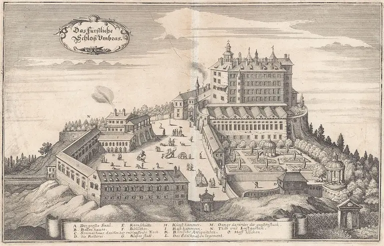 An illustrated, detailed aerial view of a large castle complex with multiple buildings, gardens, and surrounding landscapes. The image includes labels for various sections and structures within the complex, highlighting features like the courtyard and outer walls. The title is in German.