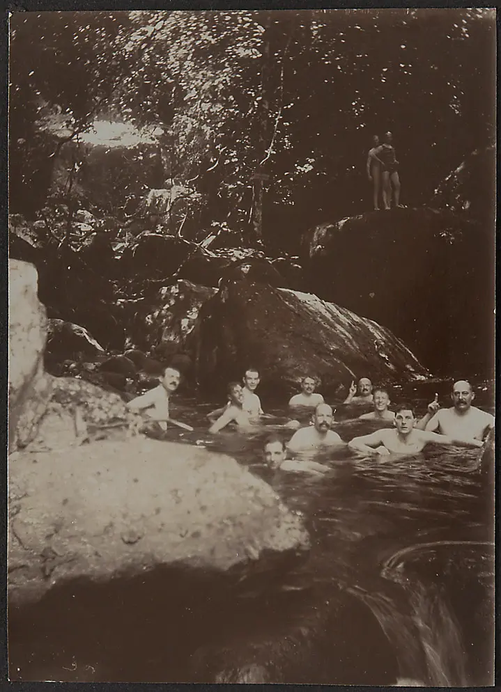Johann Schild and male guests taking a bath in a river